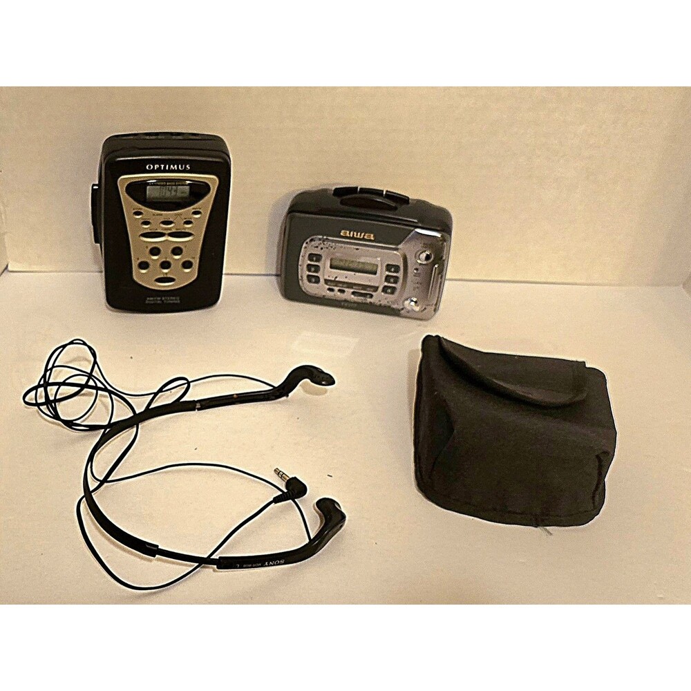 2 Vintage Walkman's Optimus AM/FM SCP-98 Radio Shack 14-1245 Aiwa TX377 & Case